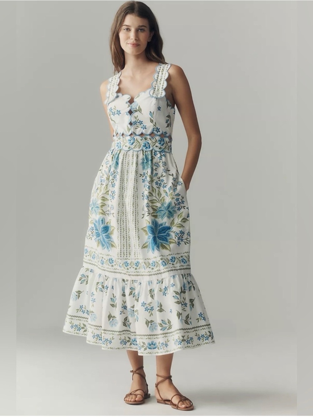 FARM Rio White Midi Dress with Blue & Green Floral Embroidery